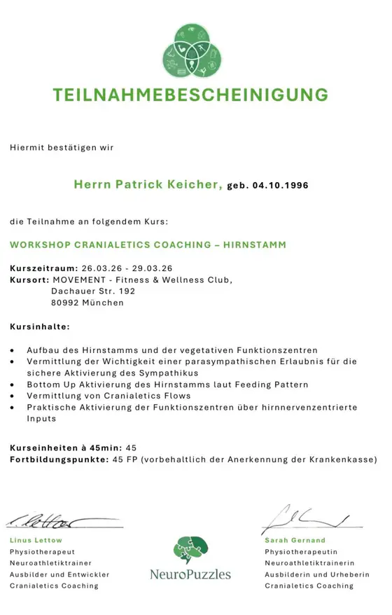 Teilnahmebescheinigung Workshop Cranialetics Coaching Hirnstamm, NeuroPuzzles