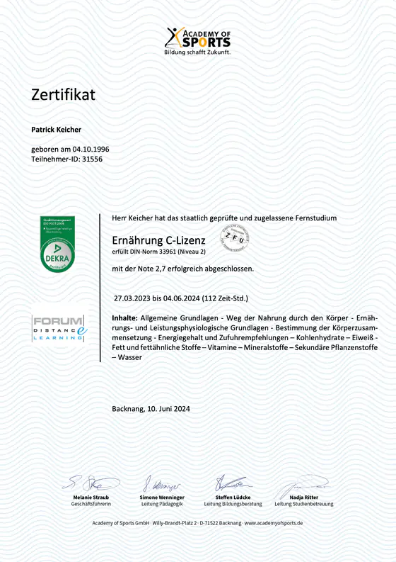 Zertifikat Ernährung C-Lizenz, Academy of Sports