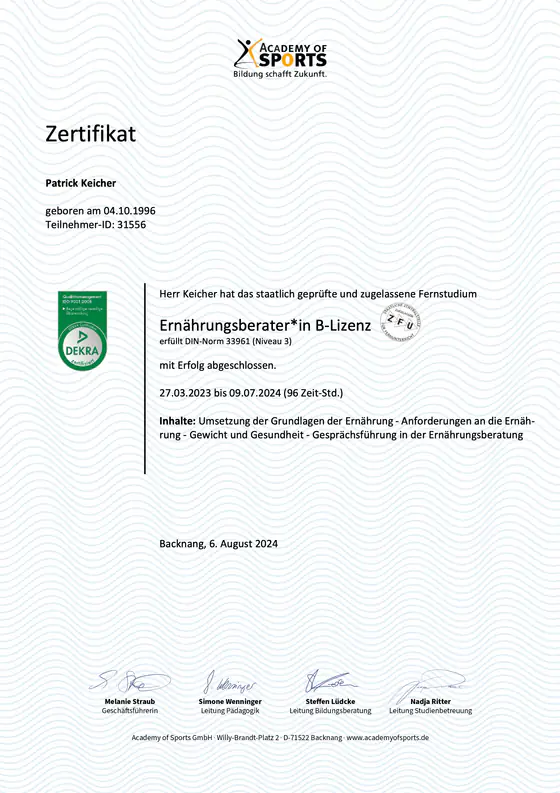 Zertifikat Ernährungsberater B-Lizenz, Academy of Sports