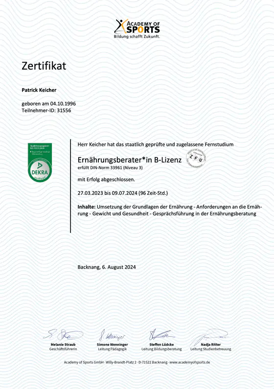 Zertifikat Ernährungsberater B-Lizenz, Academy of Sports