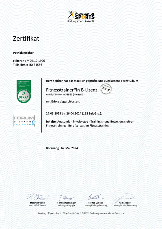 Zertifikat Fitnesstrainer B-Lizenz, Academy of Sports