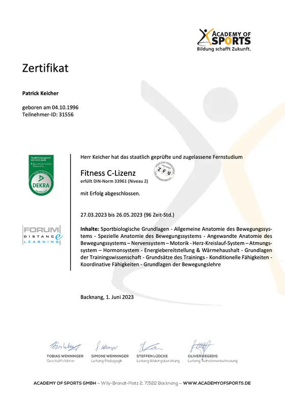 Zertifikat Fitness C-Lizenz, Academy of Sports